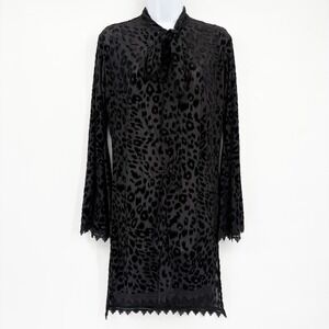 Analili Womens Black Leopard Burnout Velvet Tie Neck Goth Tunic Mini Dress XS